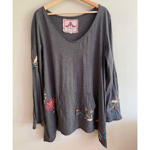 Johnny Was X L Grey Cotton Jersey Kangaroo Top With Embroidery
